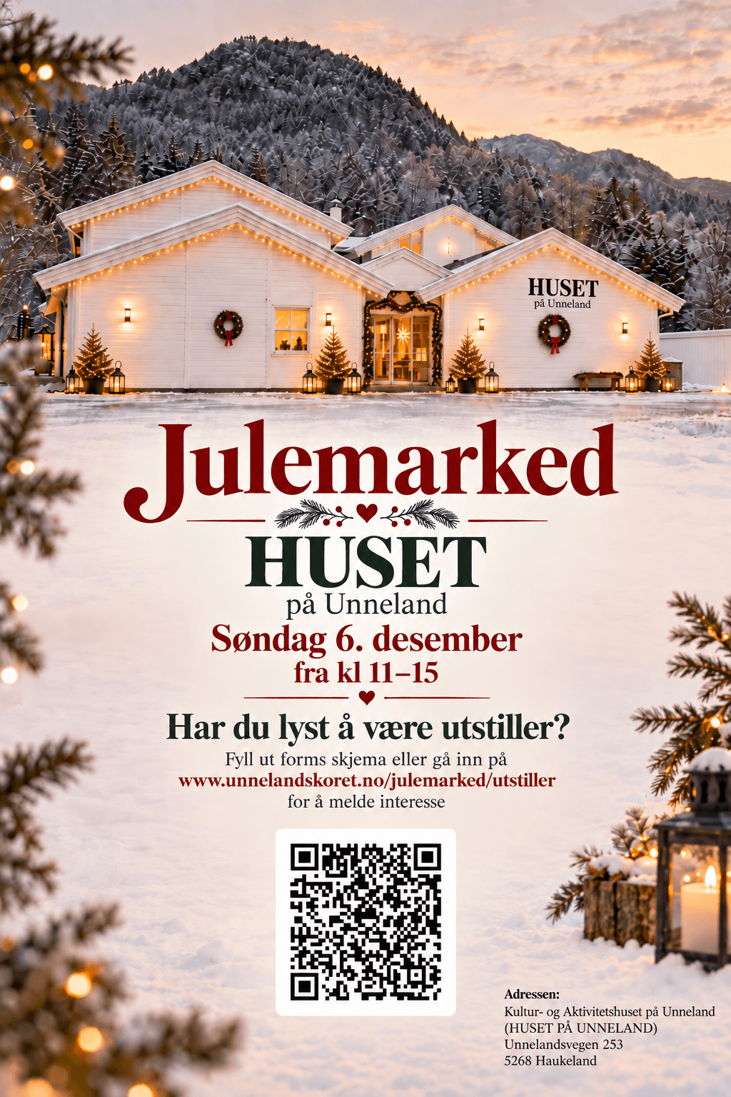 Julemarked på HUSET på Unneland søndag 6. desember kl. 11–15. Meld din interesse som utstiller.